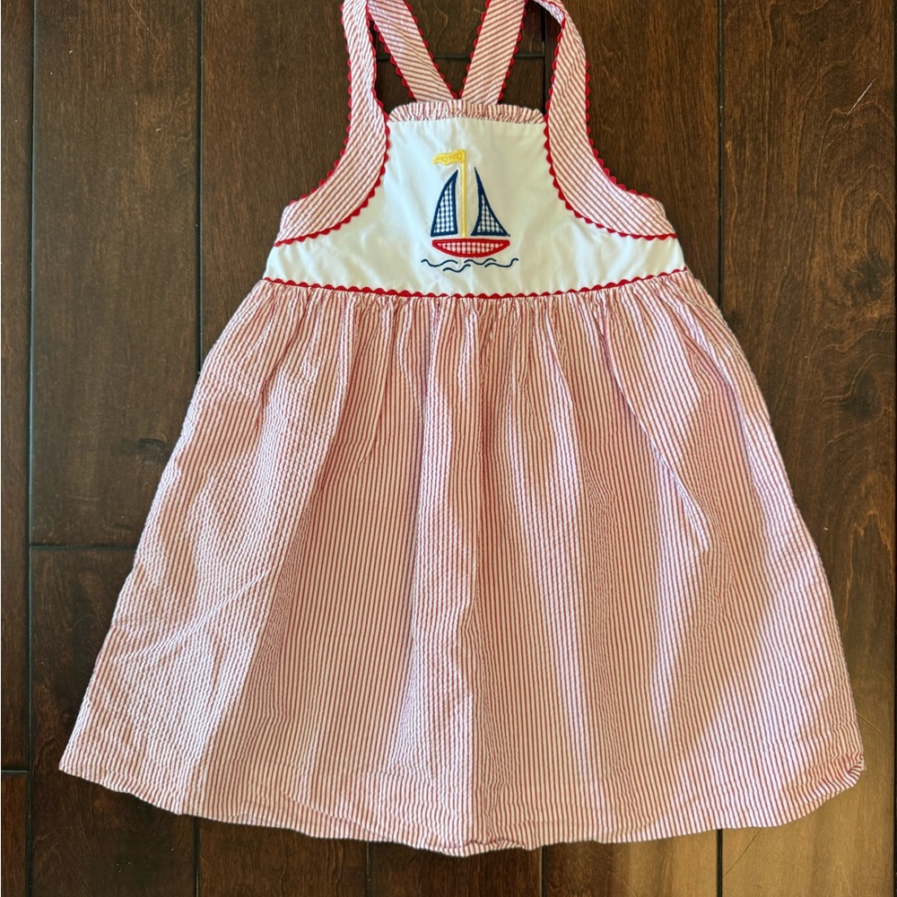 Little English Red and White Striped Seersucker Dress with Sailboat Embroidery